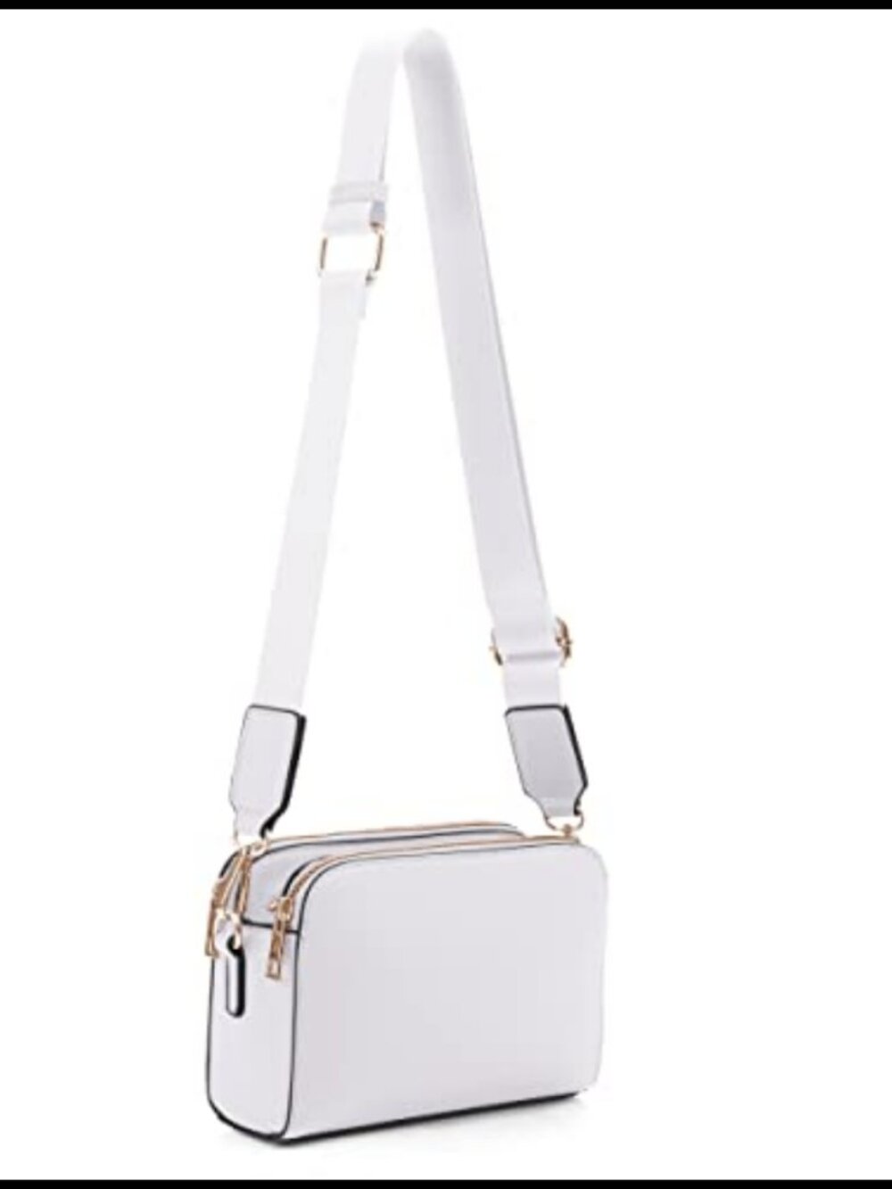 Vegan Leather Crossbody Camera Bag Triple Zip Wide Guitar Strap